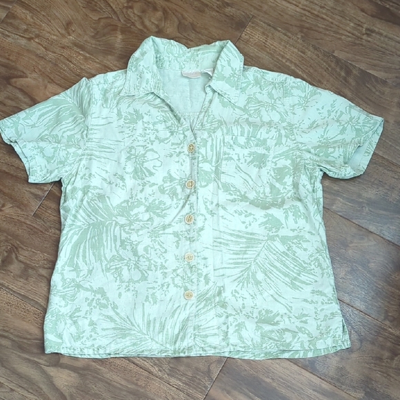 Erika Tops - Linen Blend Green Floral Short Sleeve Shirt